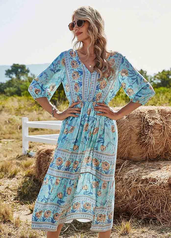 Bohemia Printed V Neck Dress