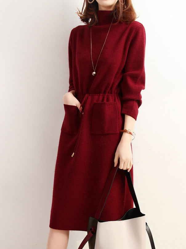 Women's Dresses High Neck Elastic Waist Pocket Knit Dress