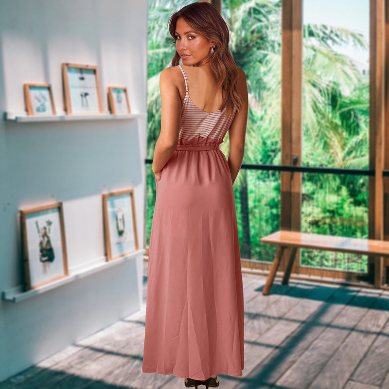 Waist Tie V Neck Spaghetti Strap Maxi Dress