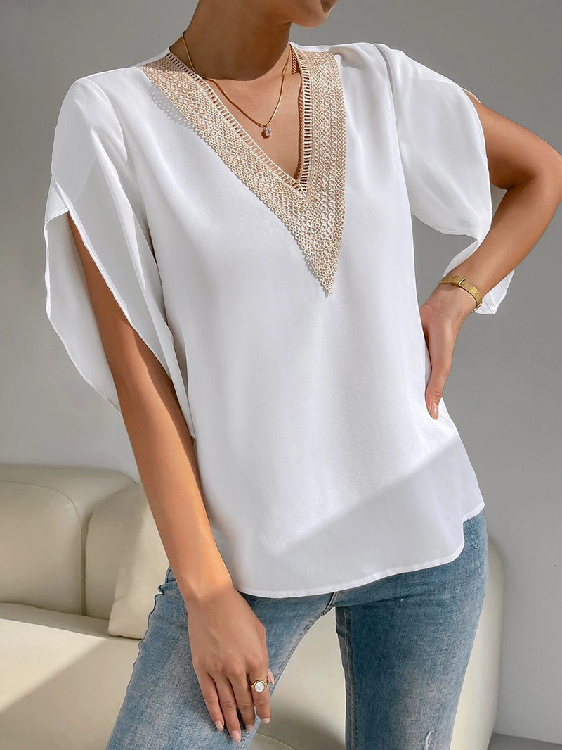 Fashion V-Neck Batwing Sleeves Solid Loose Blouse