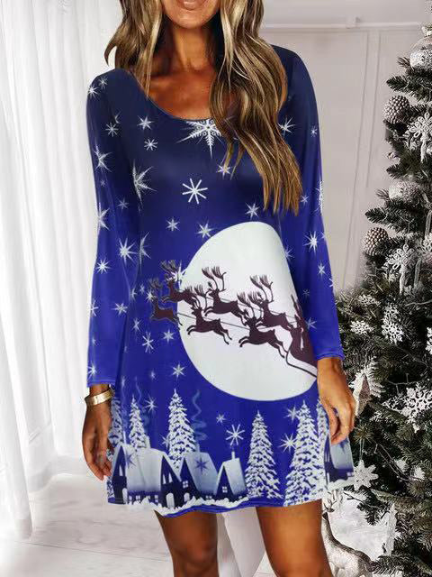 Long Sleeve Scoop Neck Christmas Mini Dress