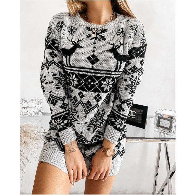 Xmas Print Knitted Sweater Dress