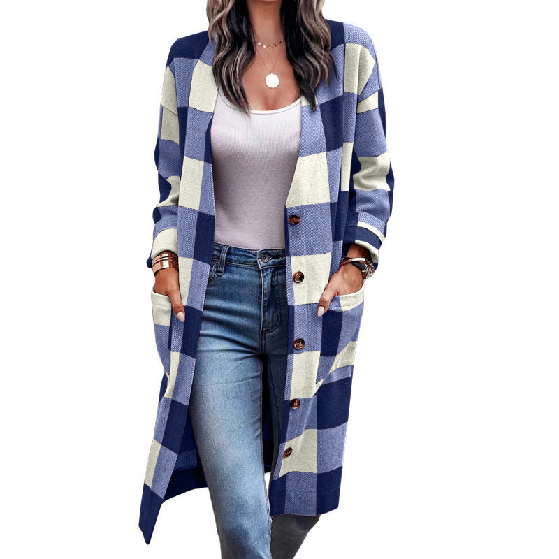 Fashion Long Sleeve Plaid Pocketed Long Cardigan