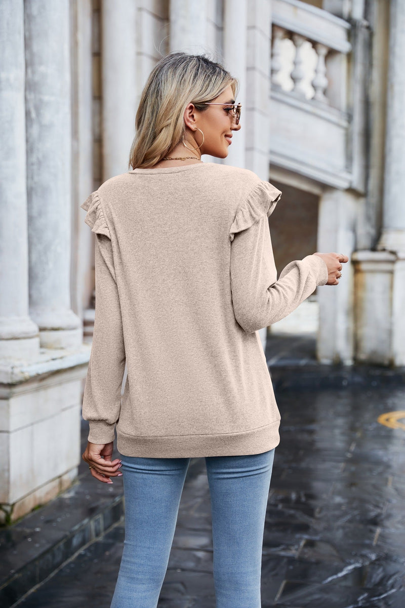 Casual Long Sleeve V-Neck Solid Color Sweat Top