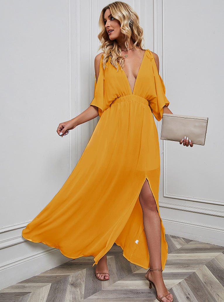 Fashion V-Neck Batwing Sleeve Side Slit Solid Maxi Dress