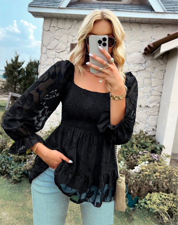 Elegant U-Neck Long Sleeve Lace Top Blouse