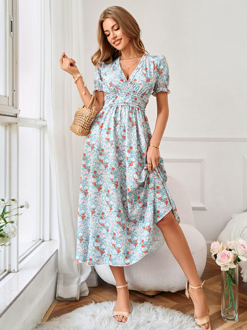 V-Neck Short Sleeve Printed Flared Midi Dress