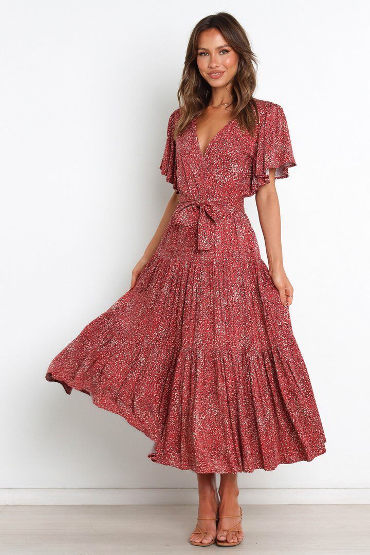 Floral V Neck Short Sleeve Maxi Dress