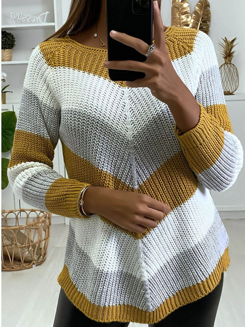 Round Neck Casual Knit Color Block Sweater