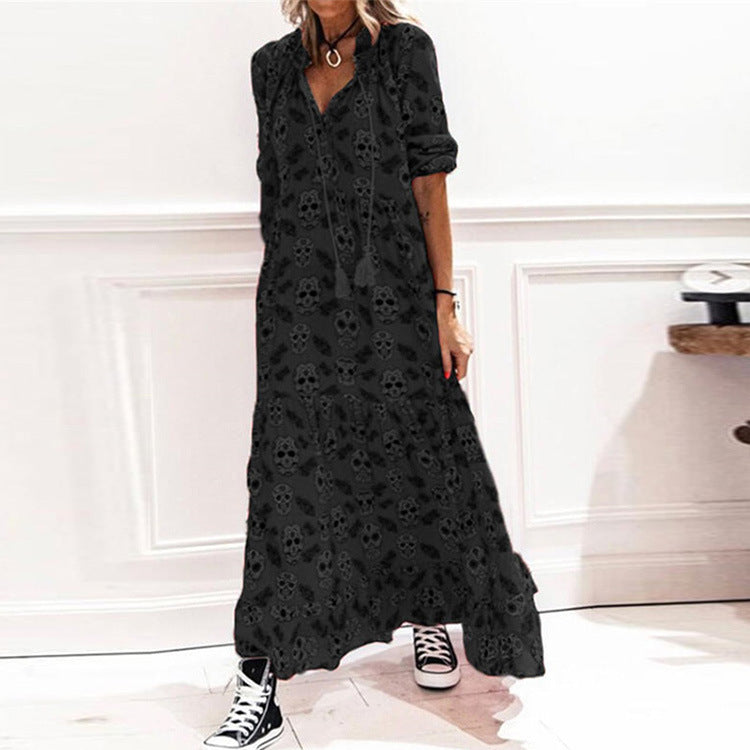 Long Sleeve V Neck Draw String Skull Print Long Maxi Dress