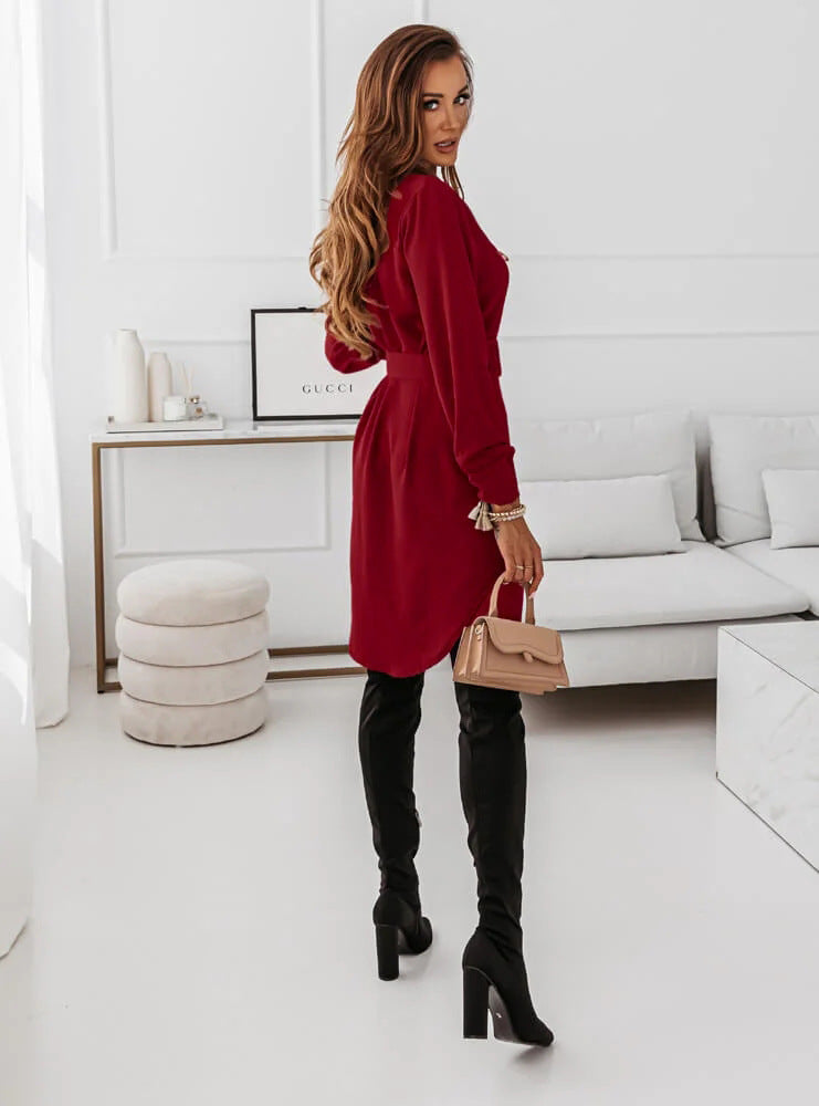 Belted V Neck Long Sleeve Mini Dress