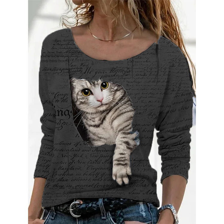 Long Sleeve Round Neck Cat Print Top