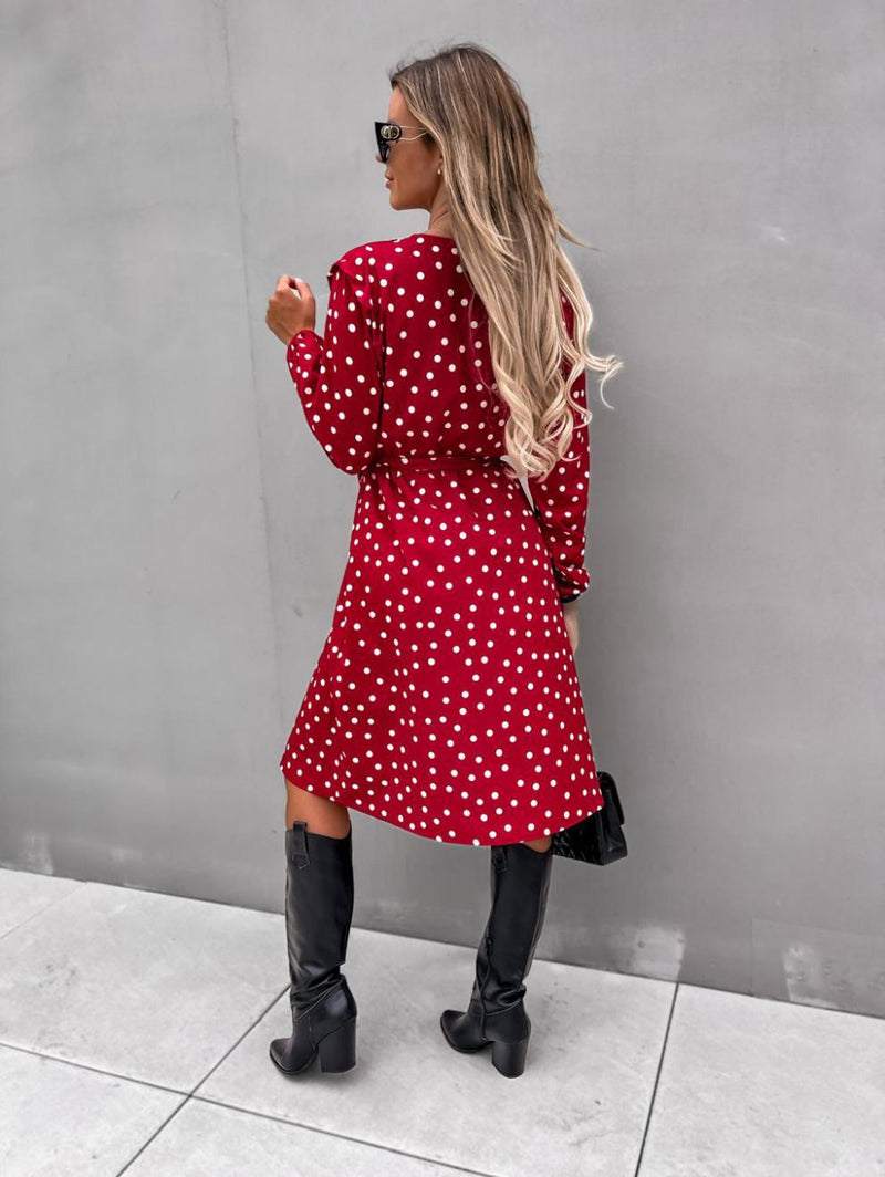 Polka Dot Long Sleeve Deep V Neck Side Split Dress