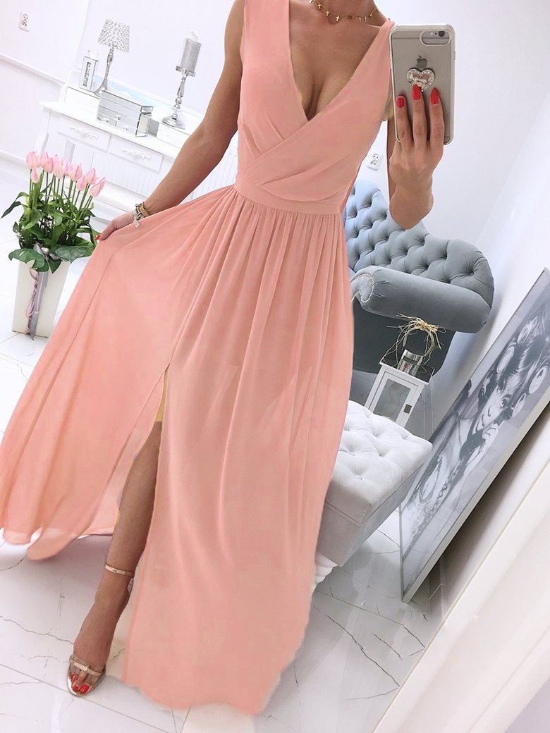 Deep Cross V Neck Side Side Split Long Maxi Dress