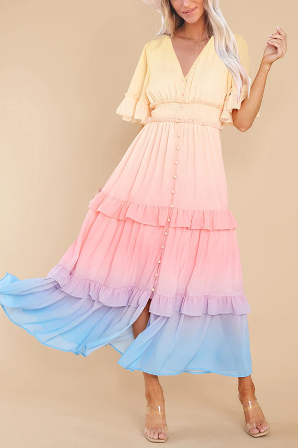 Ombre Sunset Ruffles Maxi Dress