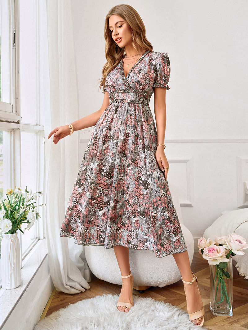 V-Neck Short Sleeve Printed Flared Midi Dress