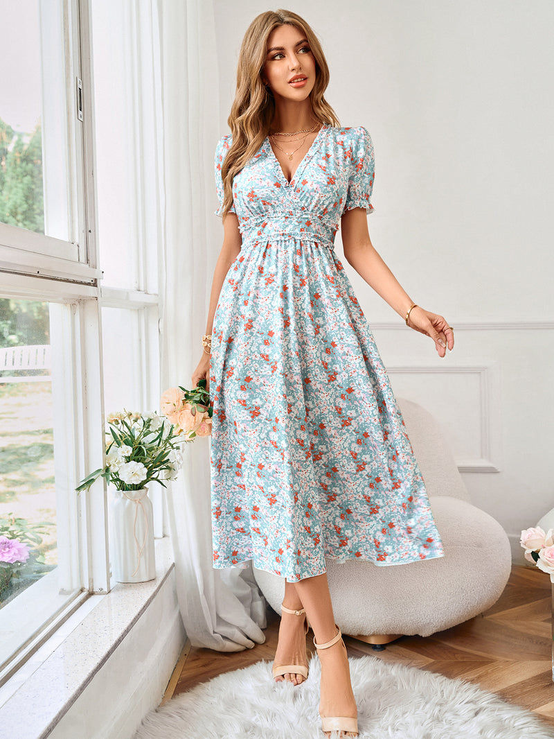 V-Neck Short Sleeve Printed Flared Midi Dress