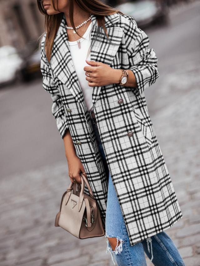 Lapel Bend Down Plaid Outerwear Jacket