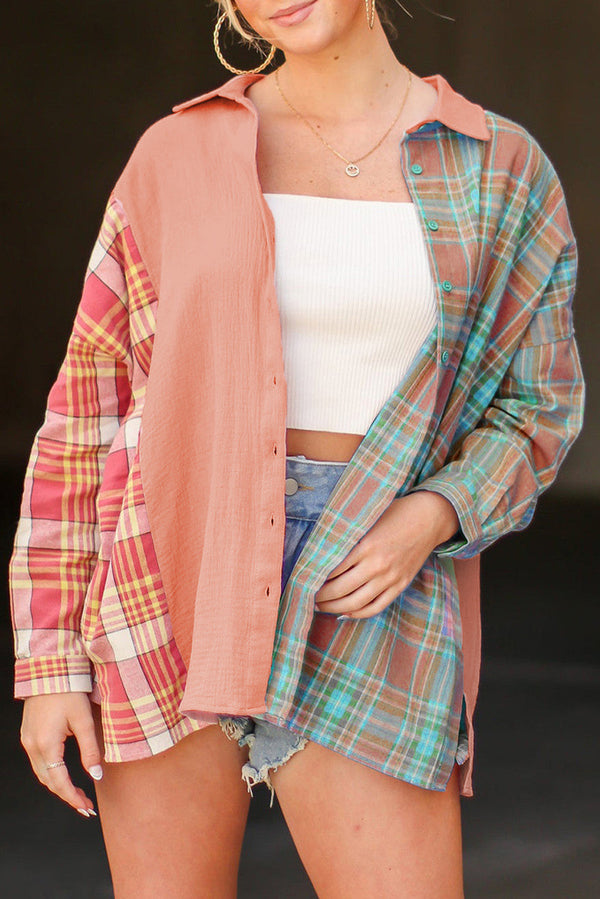 Late Goodbye Plaid Contrast Color Block Top