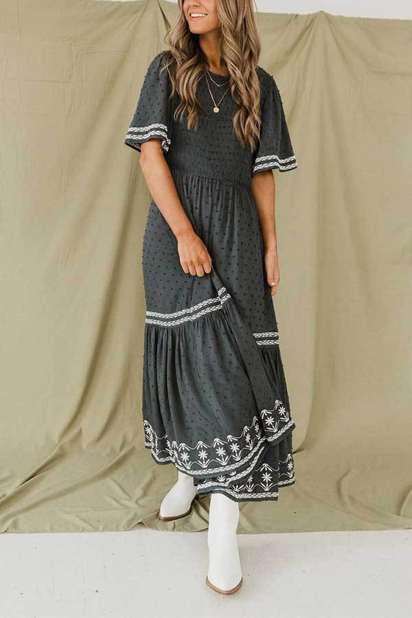 Dot Flares Sleeve Smocked Maxi Dress