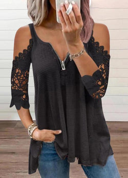 Cold Shoulder Zipper V Neck T-shirt