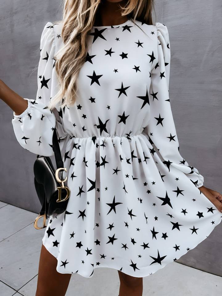 Star Printed Long Sleeve Mini Dress