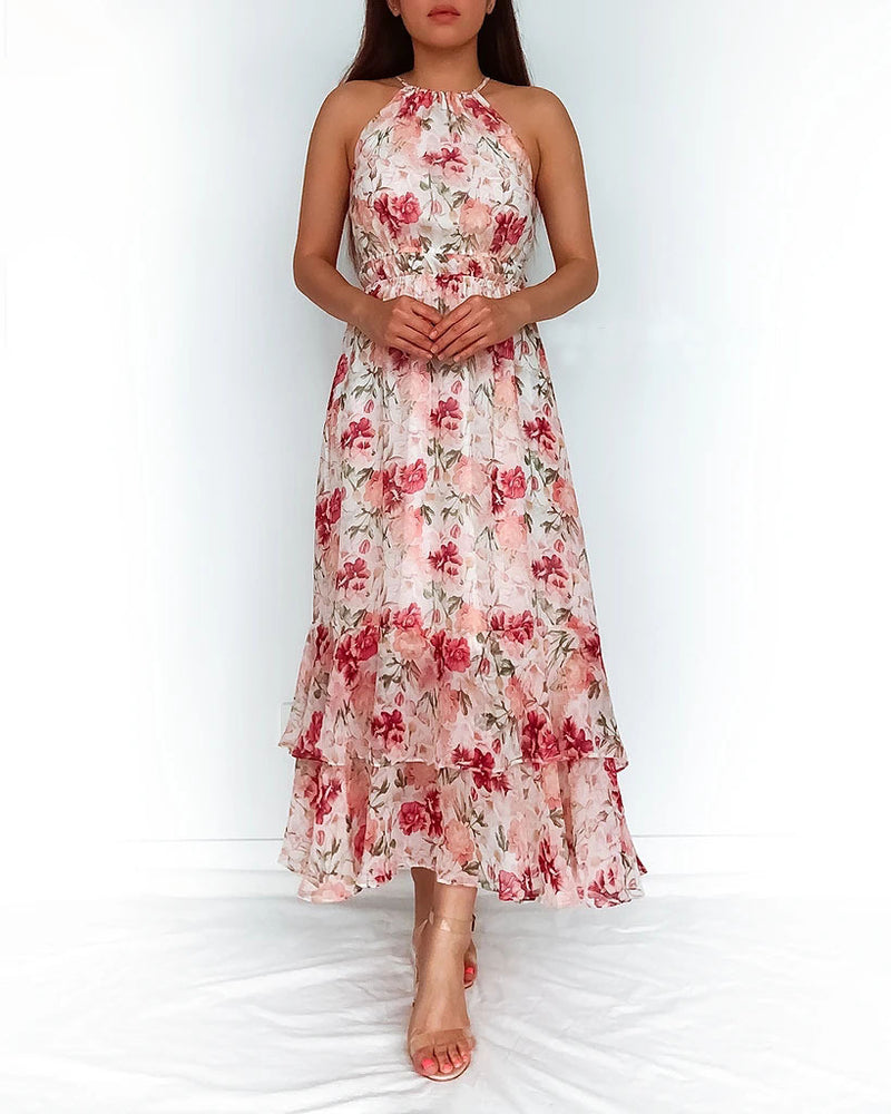 Fashion Sleeveless O-Neck Floral Printed Maxi Dress