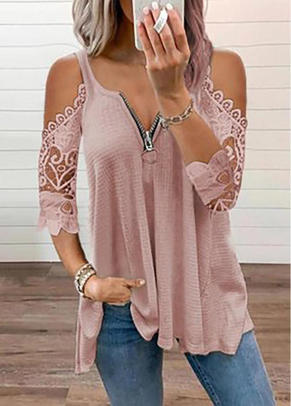 Cold Shoulder Zipper V Neck T-shirt