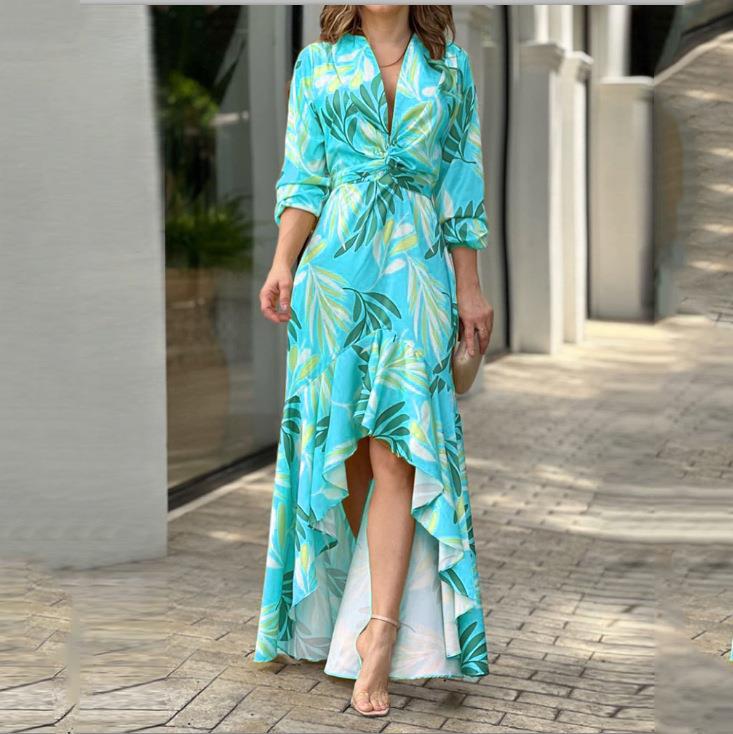 Low High Print V Neck Casual Maxi Dress