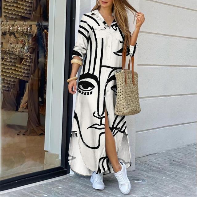 Face Print Side Split Color Block Button Up Maxi Dress