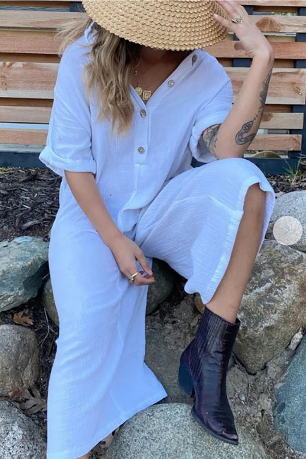 Solid Button Pockets Loose Jumpsuits