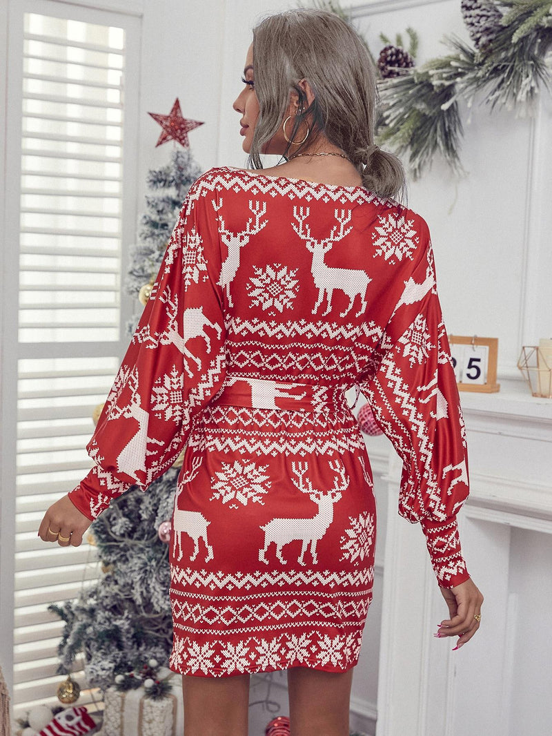 Long Sleeve Round Neck Printed Mini Christmas Dress