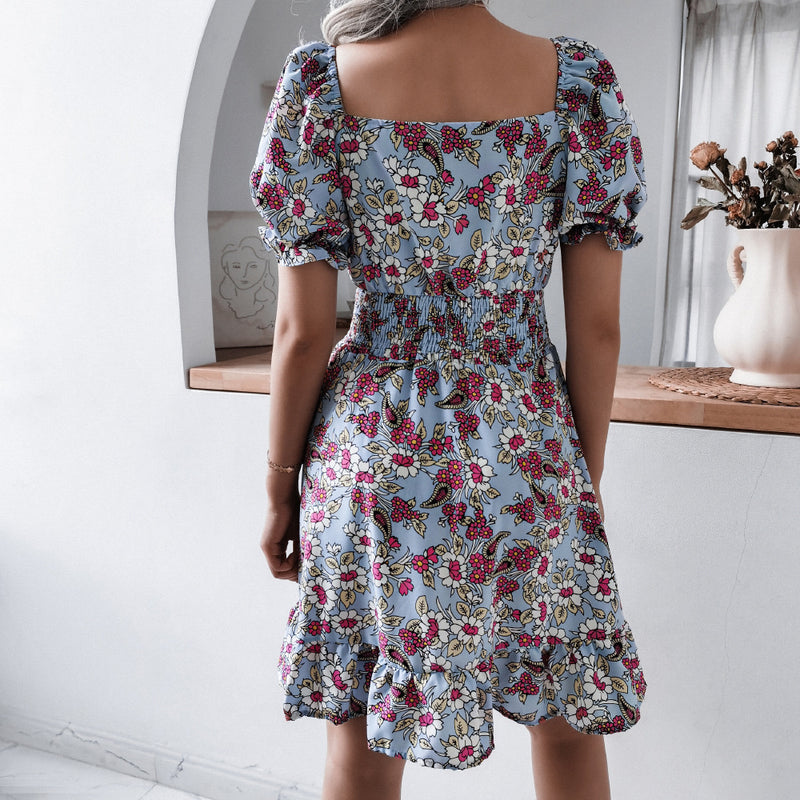 Floral Short Sleeve Elastic Waist Mini Dress