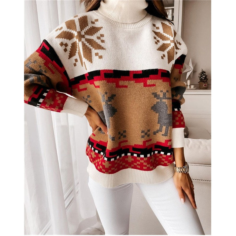 Turtle Neck Xmas Print Knitted Sweater