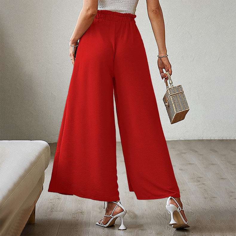 Casual Solid Waist Tie Long Wide Leg Pants