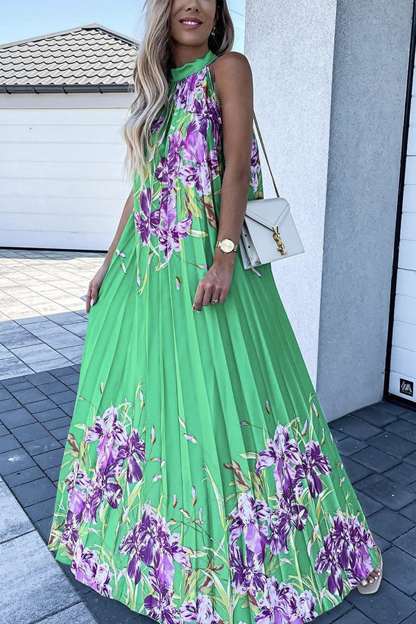 Life In Floral Pleated Halter Neck Maxi Dress