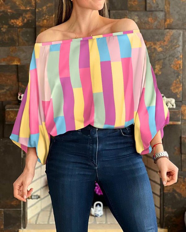 Off Shoulder Ruffle Sleeves Random Print Loose Blouse Top