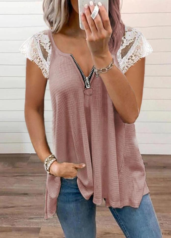 Patchwork Zipper V Neck Short Sleeve T-shirt