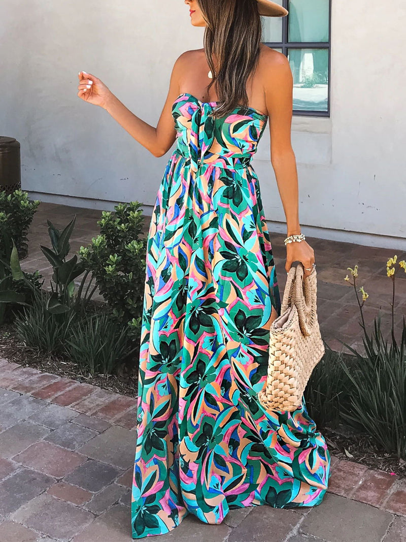 Elegant Sleeveless Off Shoulder Printed Maxi Dress