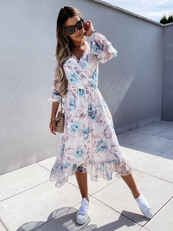 Cross V Neck Short Sleeve Midi Dress