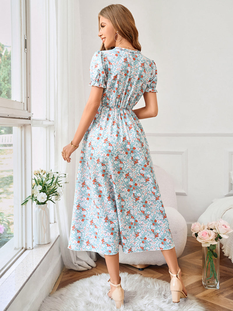 V-Neck Short Sleeve Printed Flared Midi Dress