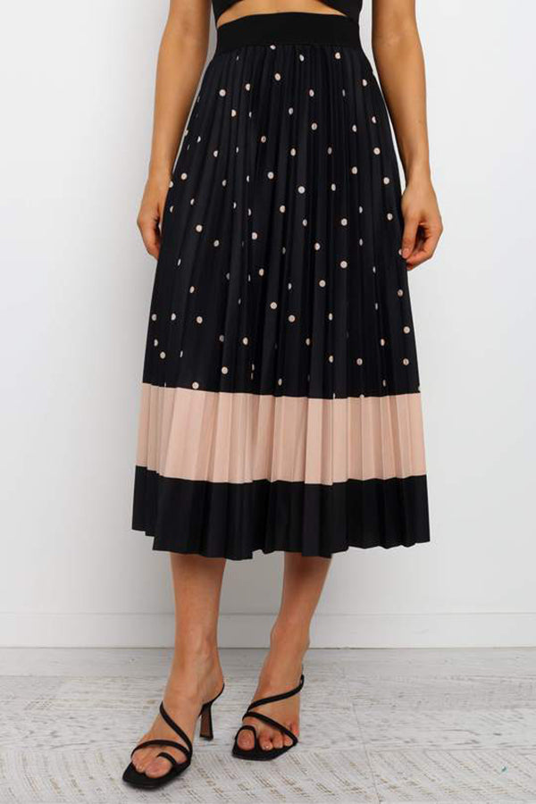 Polka Dot Color Block Pleated Midi Dress