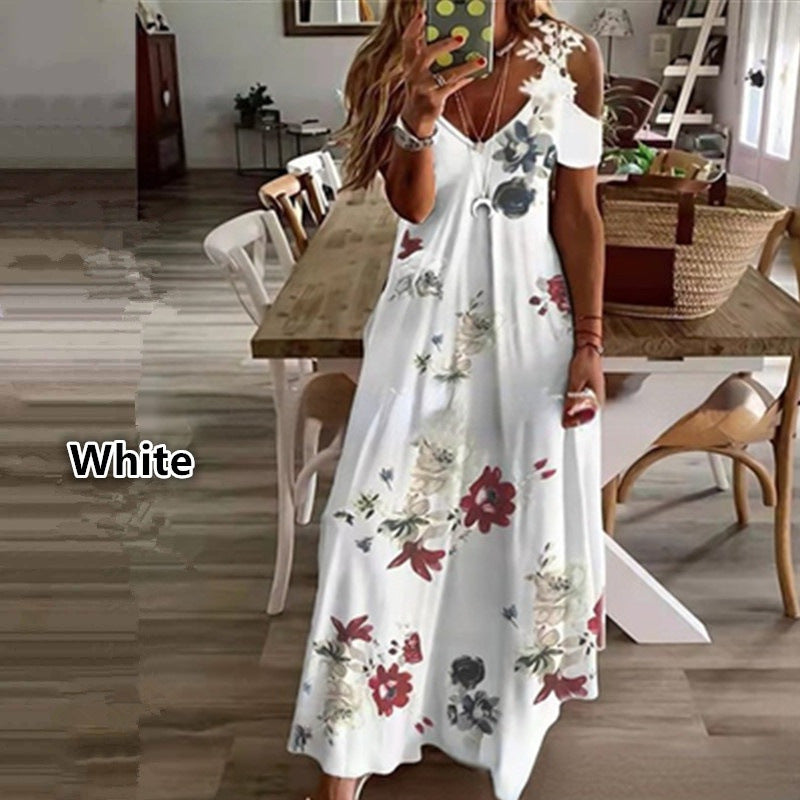 Elegant V-Neck Off Shoulder Short Sleeve Printed Maxi Dress