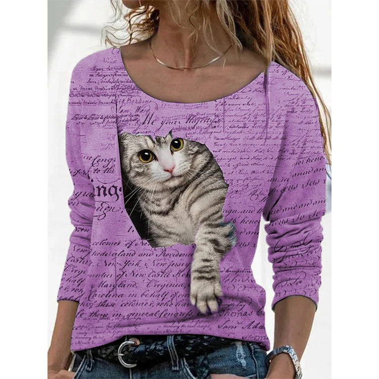 Long Sleeve Round Neck Cat Print Top