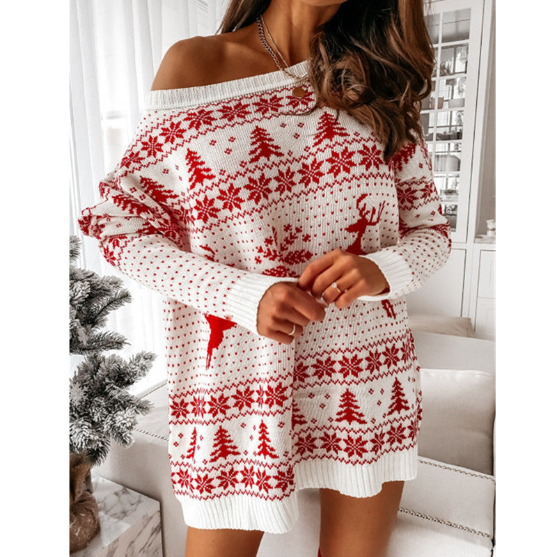 Off Shoulder Christmas Print Knitted Sweater