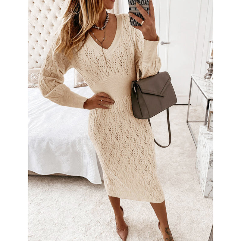 Casual Long Sleeve V Neck Knit Sweater Dress