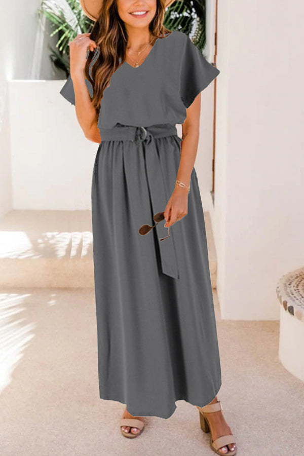 V Neck Belted Maxi Dress