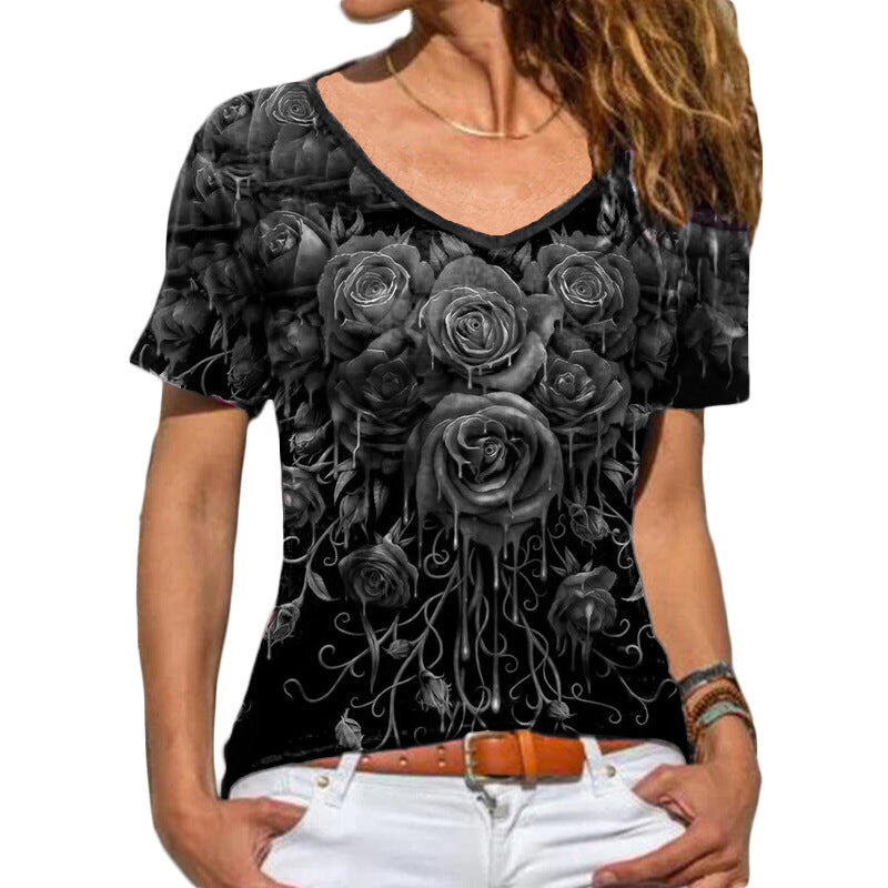 Casual V Neck Short Sleeve Bodycon Floral T Shirt