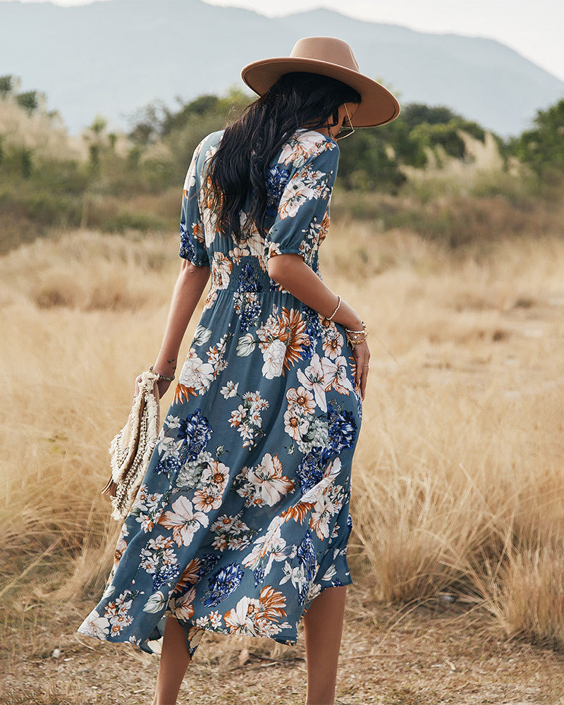 Elegant Deep V Neck Short Sleeve Floral Maxi Dress