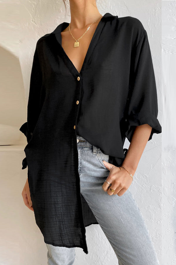 Rolled Up Sleeve Side Knot Button Shirt